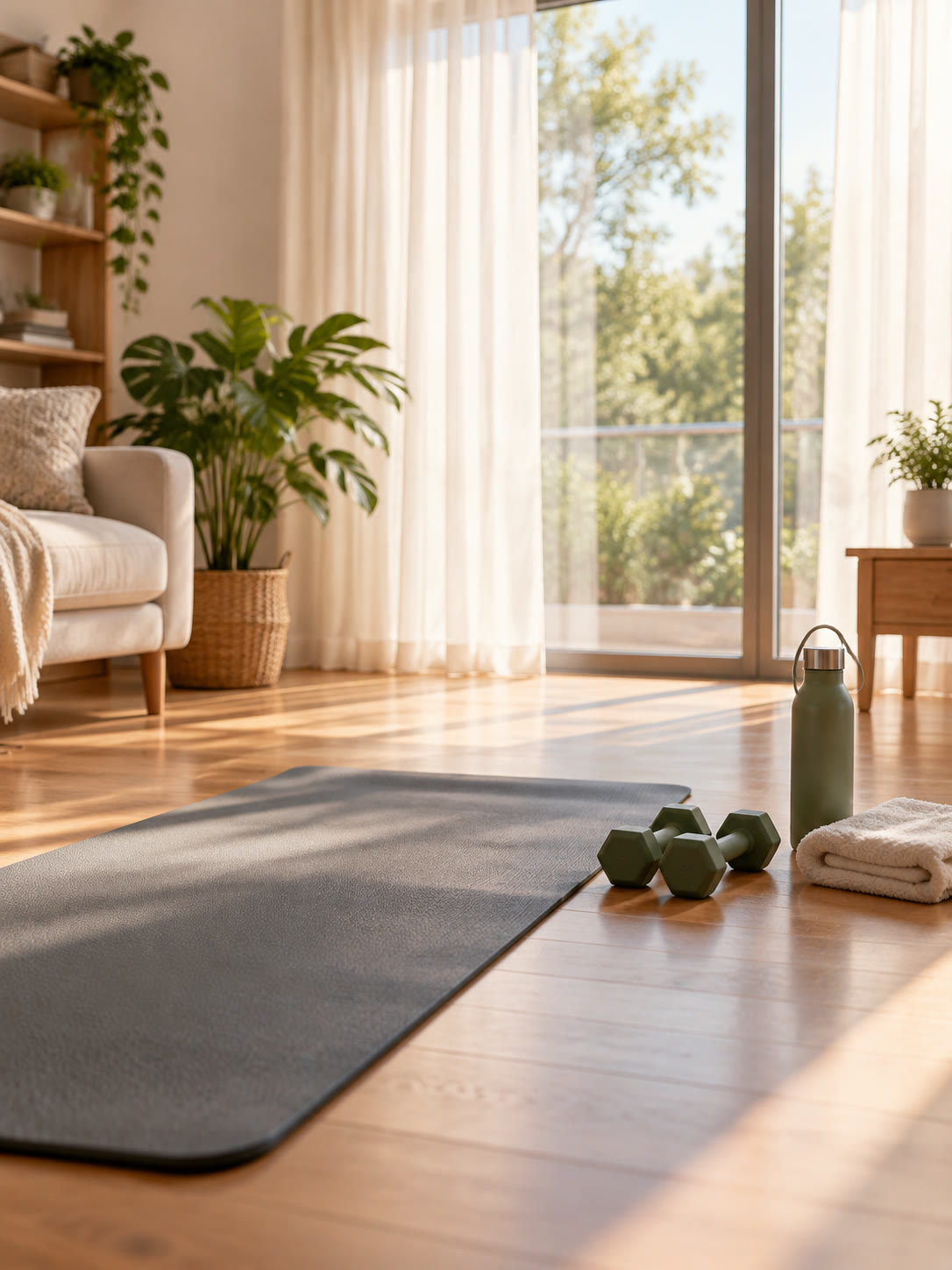 Sala de estar preparada para treino em casa com tapete e halteres