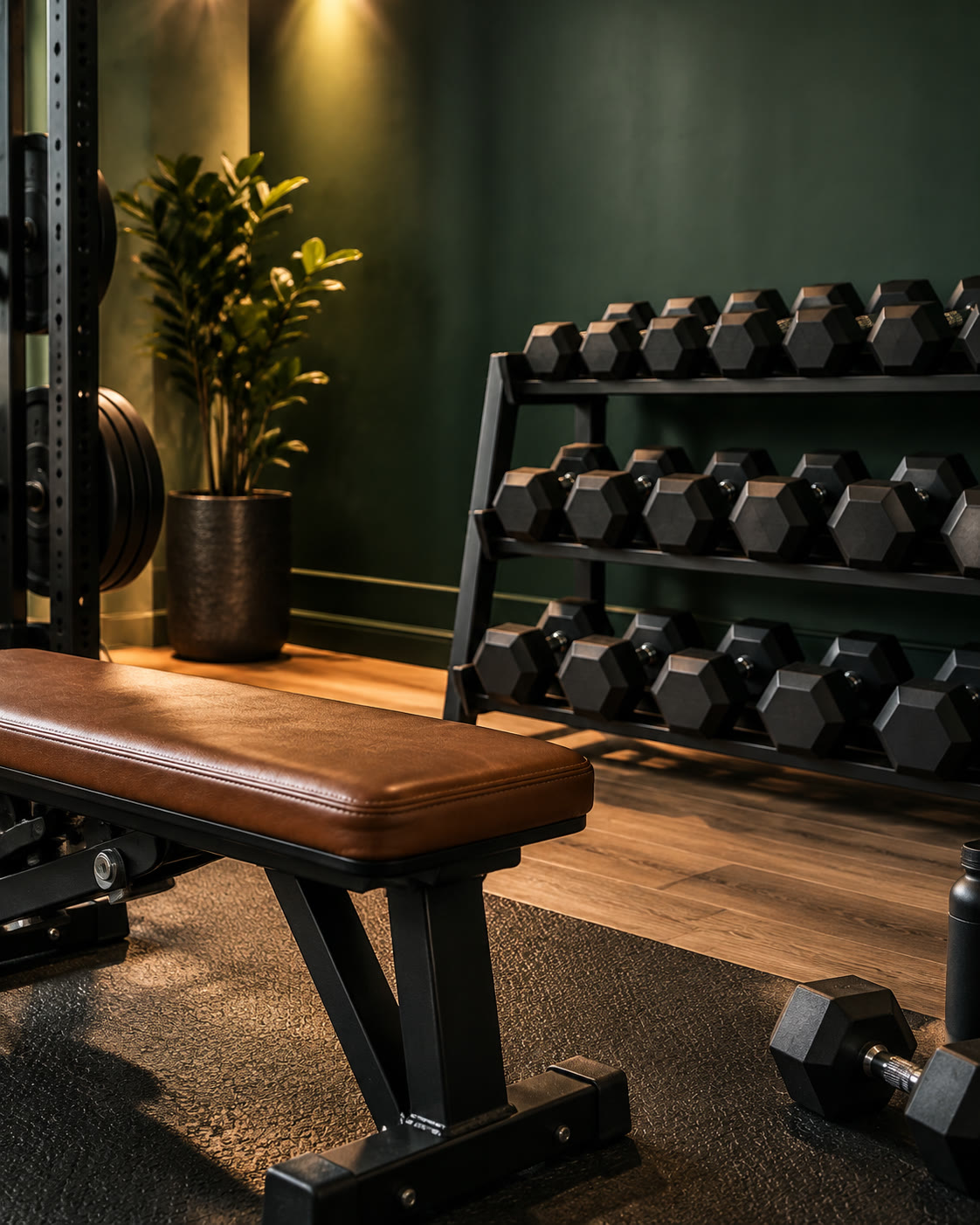 Cantinho de treino com banco e halteres em academia boutique